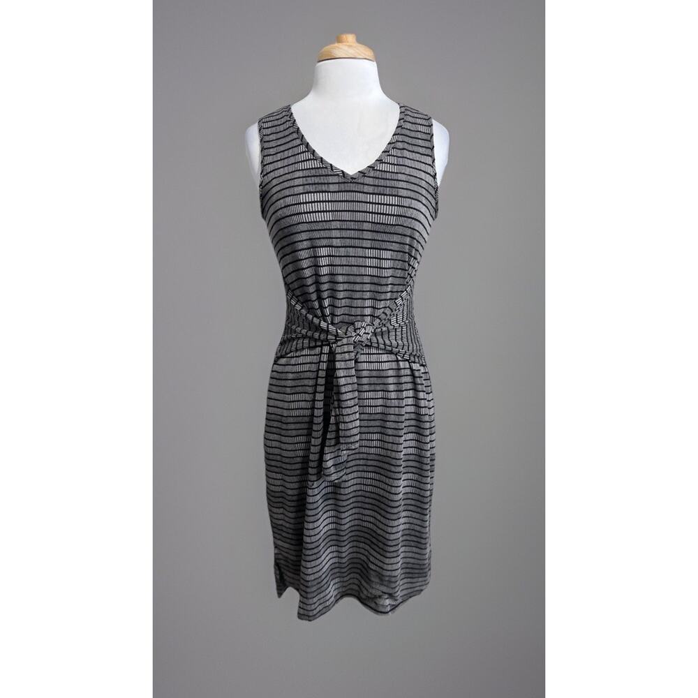 H BY HALSTON Women's Small Gray Black Geo Striped Tie Midi Dress Coastal Casual